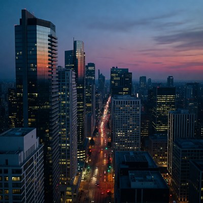 Sunset Aerial View of City Street