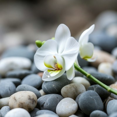 White Phalaenopsis Orchid on Pebbles