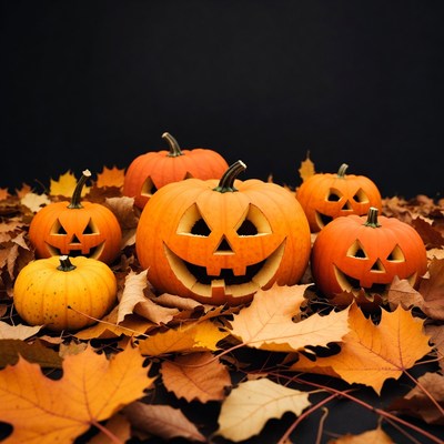 Jack-o'-lanterns in autumn leaves