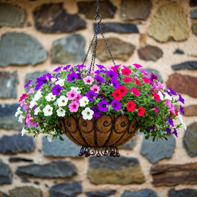 Colorful Petunias in Hanging Basket