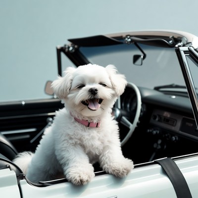 White Shih Tzu in convertible car