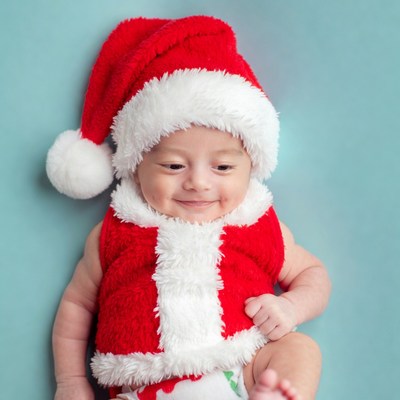 Baby smiling in Santa hat and vest