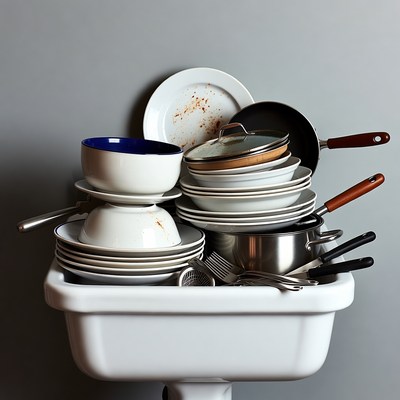 Stack of Dirty Dishes in Sink
