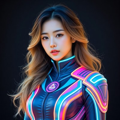 Asian woman in neon cyberpunk suit