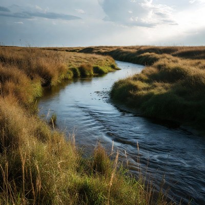 Winding River in Golden Grassland