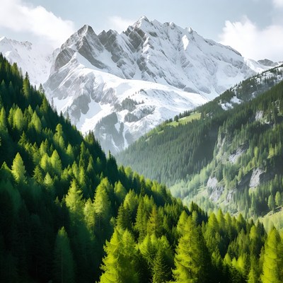 Snowy Mountains and Green Forest Valley