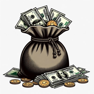 Money Bag Overflowing with Dollars and Coins