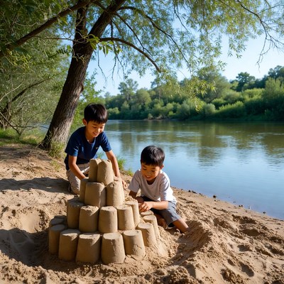 Asian boys building sandcastle by river