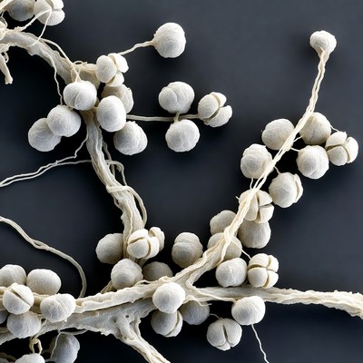 White fungal spores on hyphae