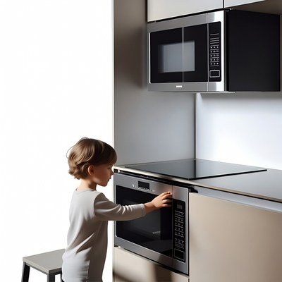 Boy pressing oven button in kitchen