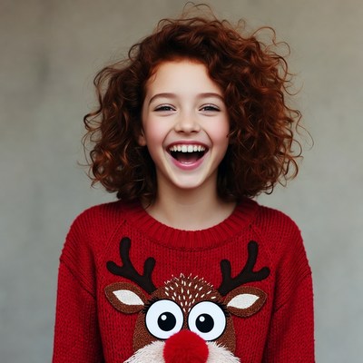 Girl smiling in reindeer Christmas sweater