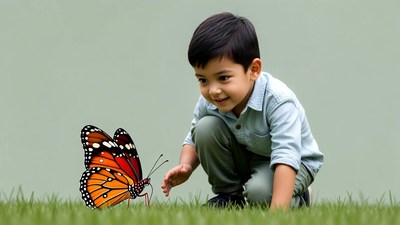 Asian boy reaching for monarch butterfly