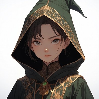 Anime girl in green wizard hood