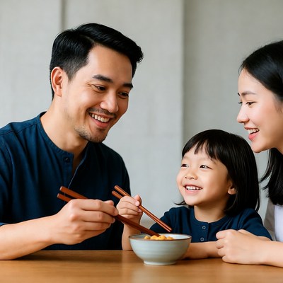 Asian family eating noodles with chopsticks