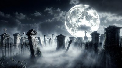 Full Moon Over Foggy Cemetery