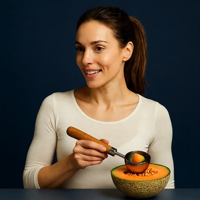 Woman scooping cantaloupe with melon baller
