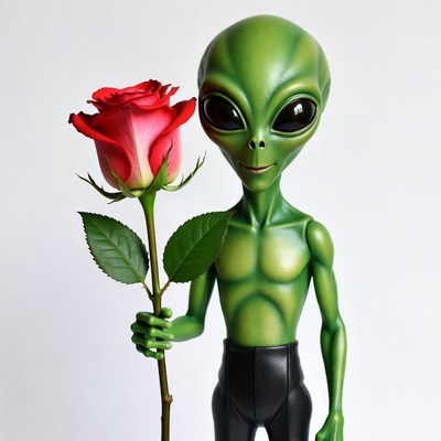 Green Alien Holding Red Rose