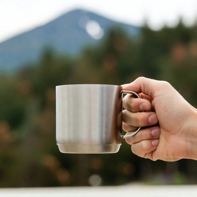 Man holding stainless steel mug with mountain background