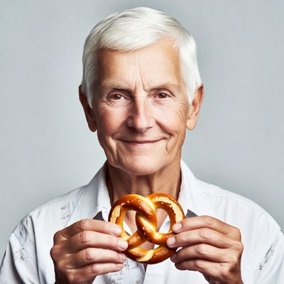 Elderly man holding pretzel