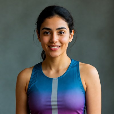 Smiling woman in blue tank top