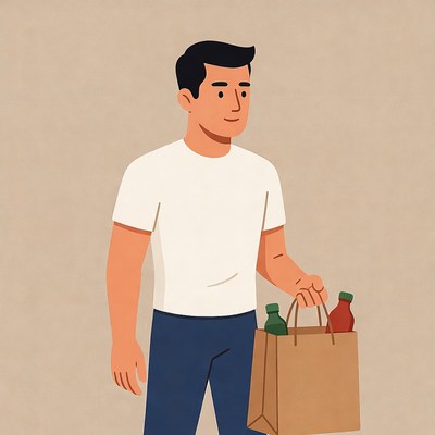 Man holding shopping bag with bottles