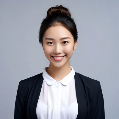 Asian woman in black blazer smiling