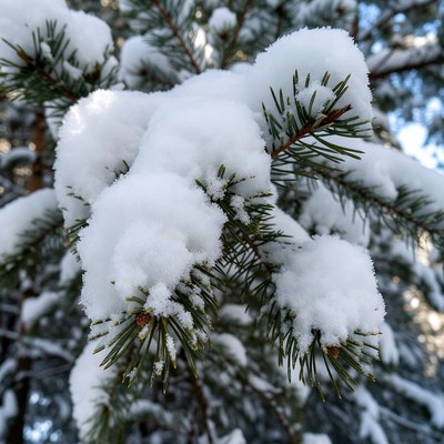 Snow-covered pine branches
