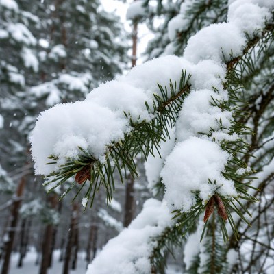 Snowy Pine Branches in Forest