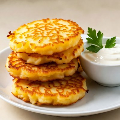 Stack of Golden Potato Pancakes with Sour Cream