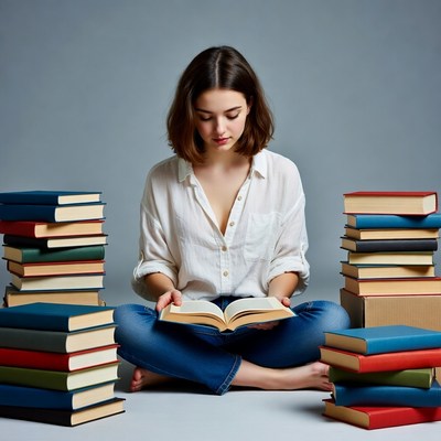 Young woman reading book surrounded by stacks