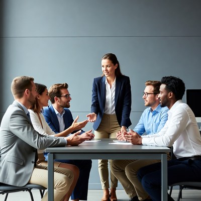 Woman leading diverse business meeting