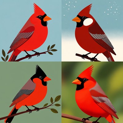 Four Vibrant Cardinal Birds Illustration