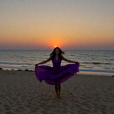 Woman twirling purple dress at sunset beach