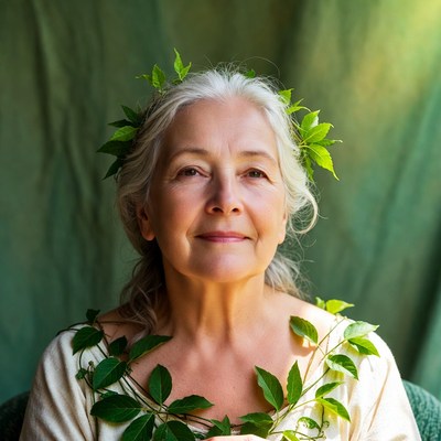 Elderly woman with green leaf crown
