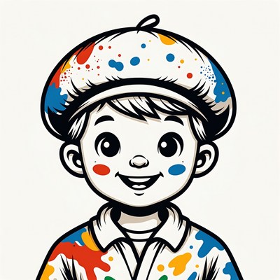 Boy wearing colorful paint-splattered beret