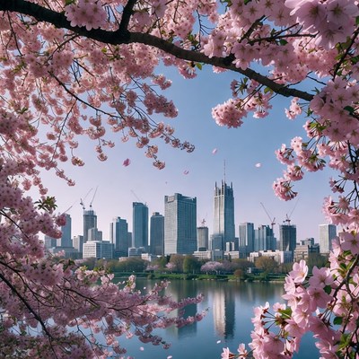 Cherry Blossoms Framing City Skyline