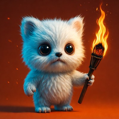 Cute white kitten holding torch