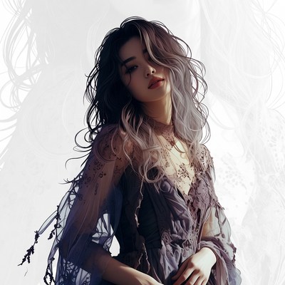 Asian woman in sheer lace dress