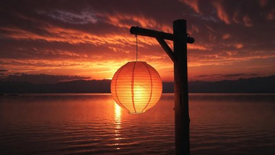 Red paper lantern at sunset lake