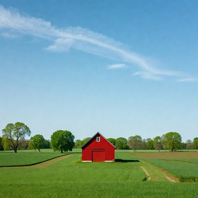 Red Barn in Green Fields