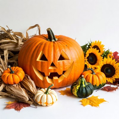 Jack-o'-lantern with pumpkins and sunflowers