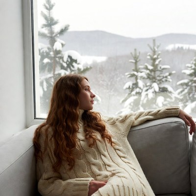 Woman gazing out snowy window