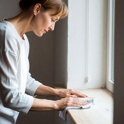 Woman cleaning windowsill with cloth