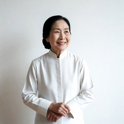 Asian elderly woman smiling in white blouse