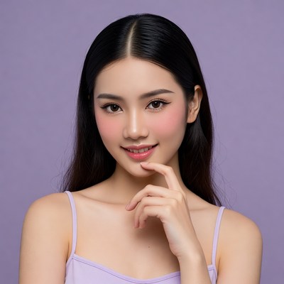 Asian woman touching chin on purple background