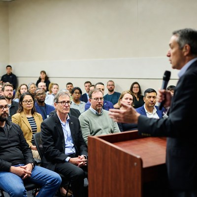 Man speaking at podium to audience