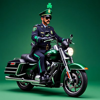 Policeman on green motorcycle with shamrock hat