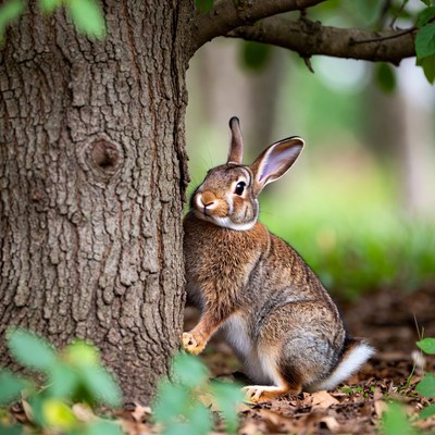 Rabbit leaning against tree