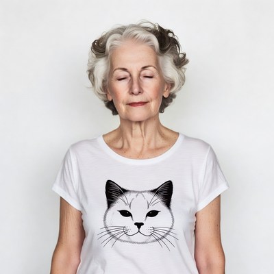 Elderly woman wearing cat t-shirt