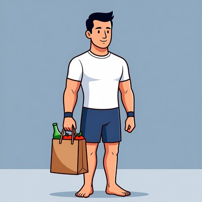 Muscular man holding grocery bag
